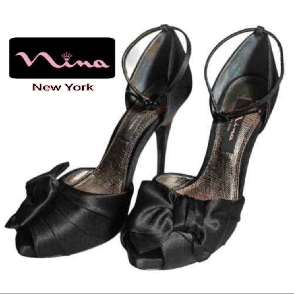 Nina Of New York "Black Satin Bow" Peep Toe 4.5" Spike Heel With Ankle Strap